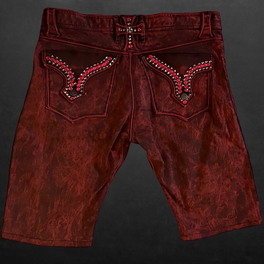TheSaintsSinphony OOAK Distressed Studded Studded Moto Denim Shorts - Picture 7 of 11